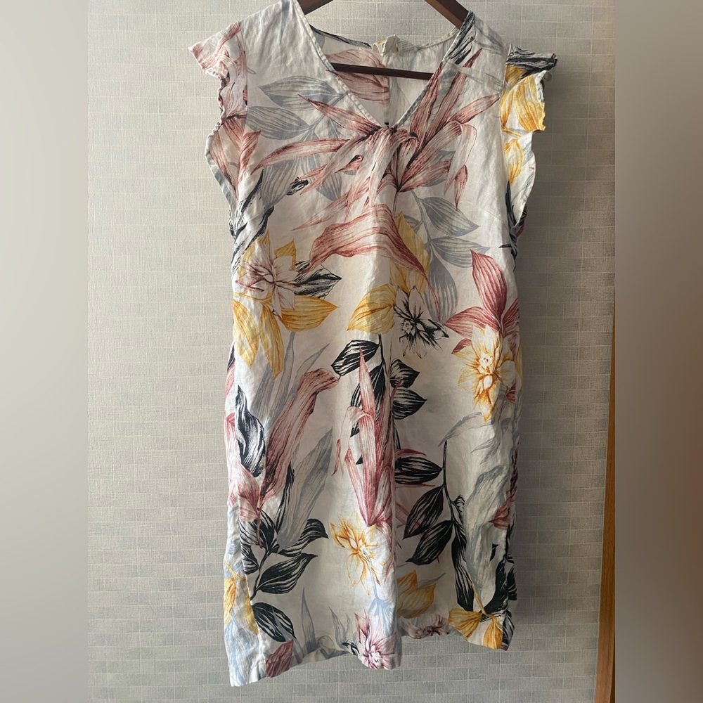 Woman’s 100% linen short sleeve dress coverup Beach Tropical print pullover